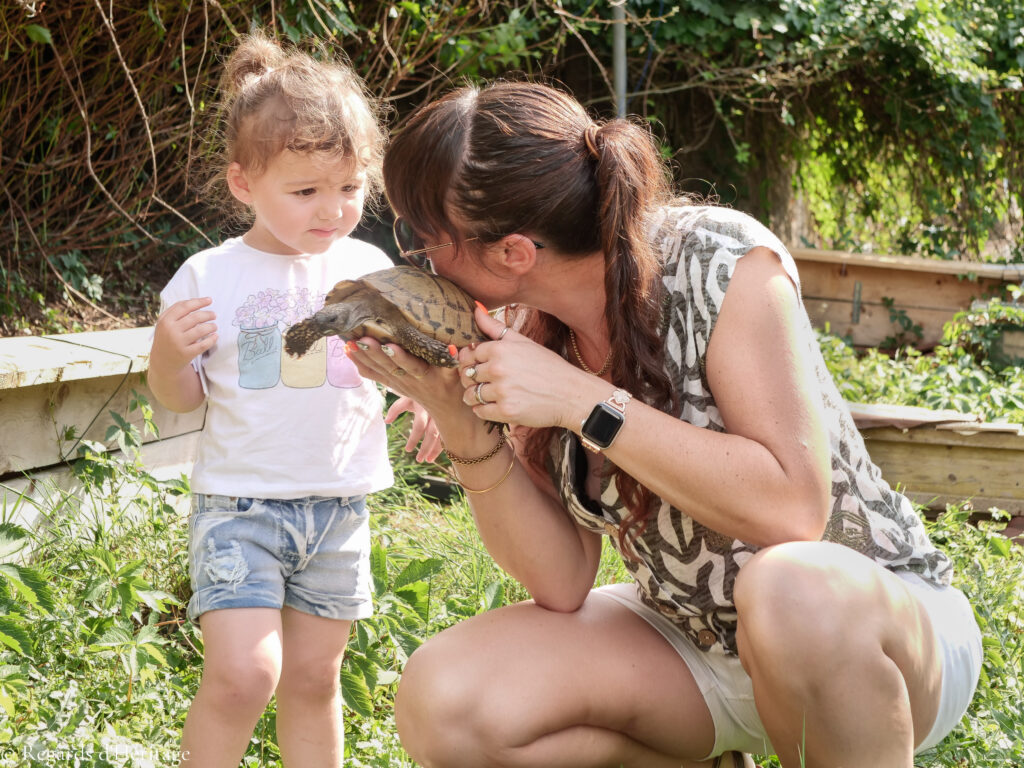 Une mère montre la docilité et la gentillesse d'une tortue à sa petite fille